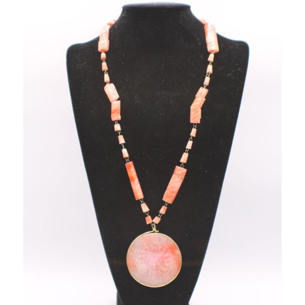 Vintage Pink Coral Beaded Large Etched Pendant Necklace Artisan Aztec Gold-Tone